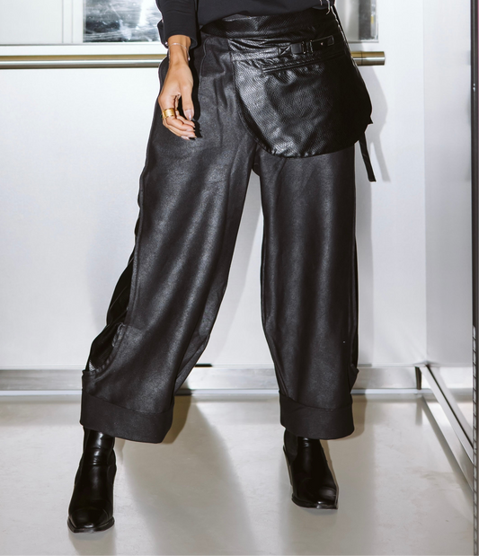 Shimmer barrel pants with leather sides