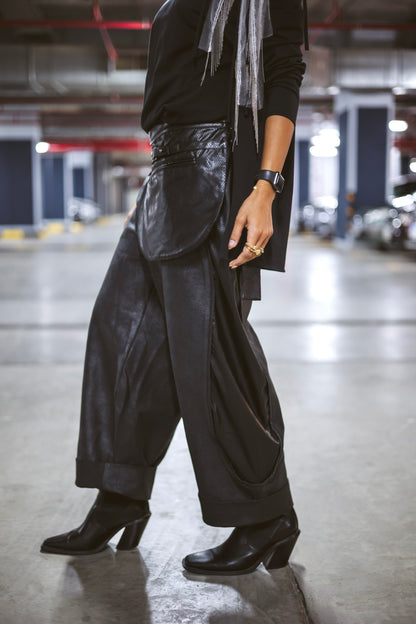 Shimmer barrel pants with leather sides